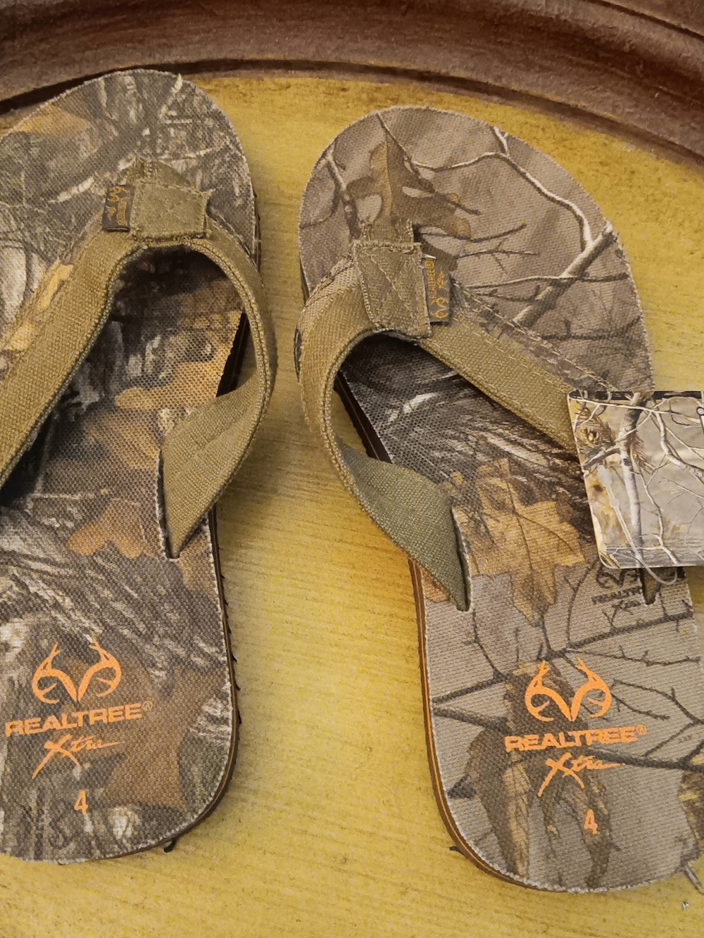 Realtree Camo Flip Flops with Olive Straps and Orange Logo